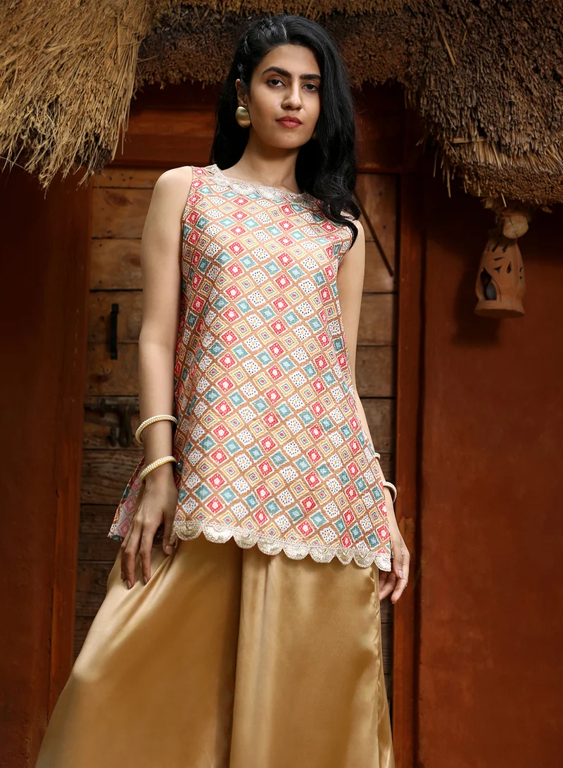  قصة Women's Tan Brown Geometric Kurti With Palazzo For Casual Wear | Round Neck | Sleeveless | 2 Piece Kurta Set Designed With Comfort Fit For Everyday Ethnic Wear